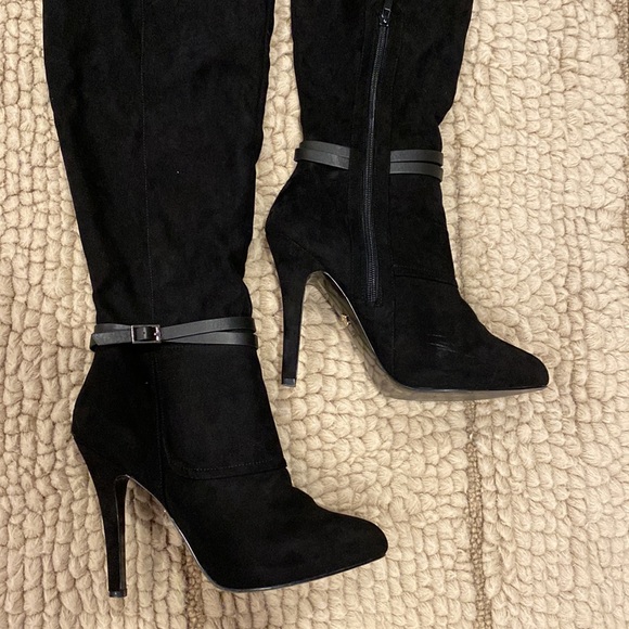 Nina Shoes Black Suede Over The Knee High Heel Boots with Faux Leather strap - Picture 2 of 10